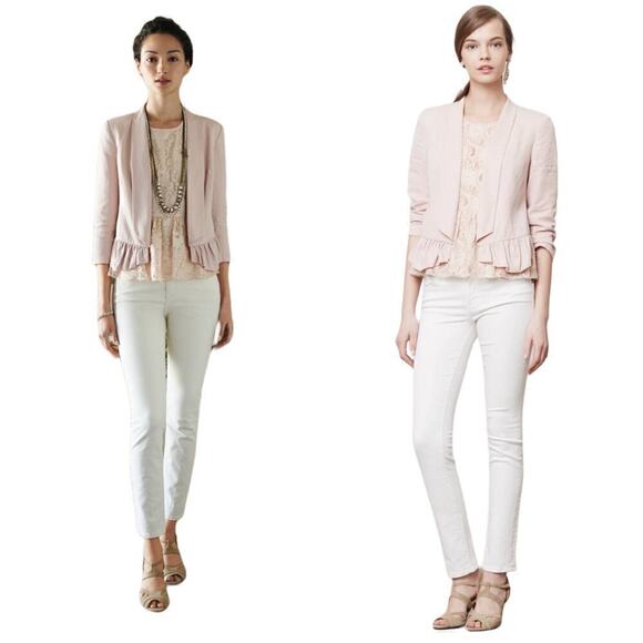 Cartonnier by Anthropologie Open Front Calin Ruffle 3/4 Sleeve Blazer Pink Small - Picture 1 of 7